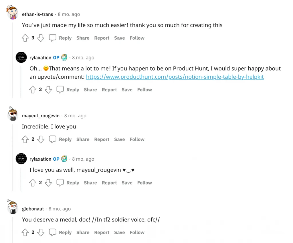 Screenshot of positive comments on Reddit